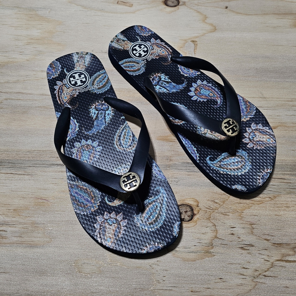 Tory Burch Paisley Print Flip Flops in Black and BlueTory Burch Rubber Flip Flop